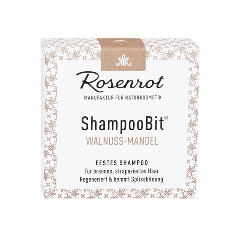 Rosenrot Naturkosmetik festes ShampooBit® Walnuss-Mandel - 55g - in Schachtel - Dieses frisch und harmonisierend duftende feste Shampoo mit Walnusschalen-Extrakt sorgt bei braunem Haar für eine satte und leuchtende Farbe. - Produktbild
