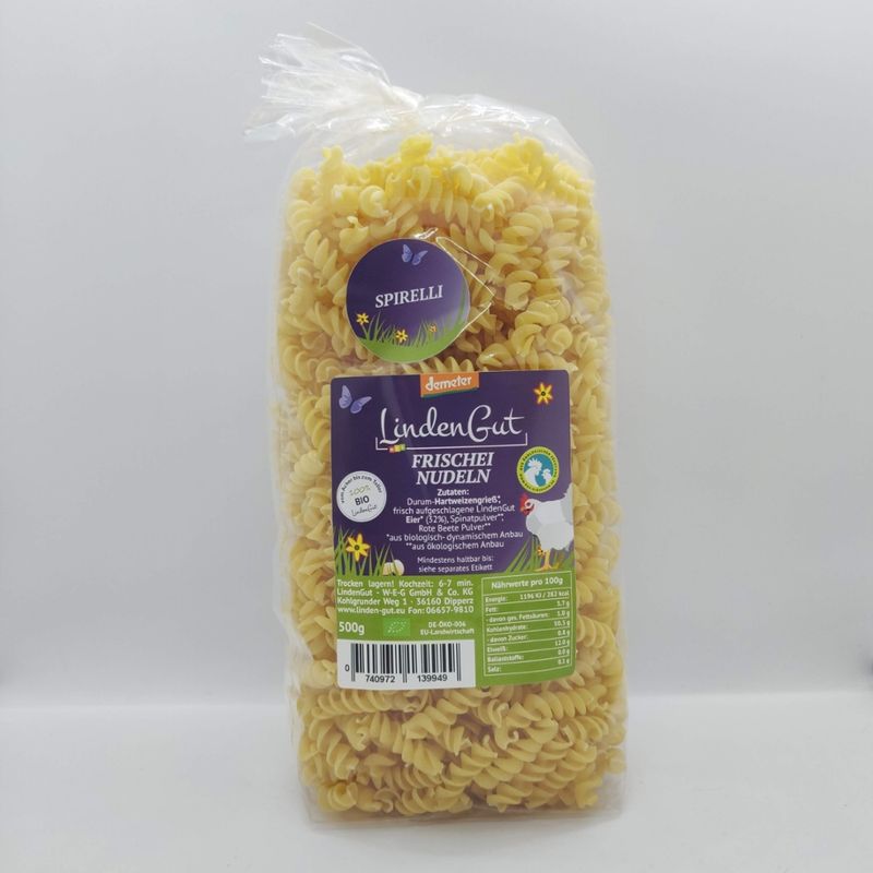 LindenGut Bio Spirelli-Frischeinudeln aus der Zweinutzungshuhn-Hühnermobilhaltung der ökologischen Tierzucht, Demeter, 500g vom LindenGut - Produktbild