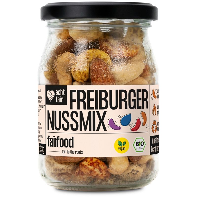 fairfood Freiburg Freiburger Nussmix geröstet & bunt gewürzt (133g, Pfandglas klein, Bio) - Produktbild