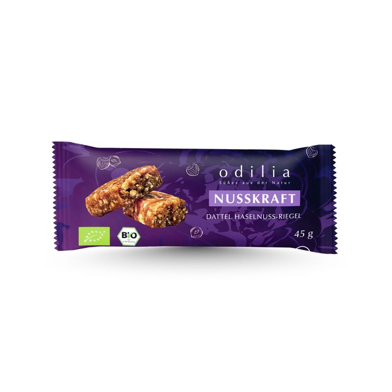 odilia Nusskraft Bio Dattel-Haselnuss-Riegel – gesunder Genuss mit Crunch, 100 % Bio, vegan, glutenfrei, ohne Zuckerzusatz, natürliche Energiequelle, hergestellt in Nürnberg - Produktbild