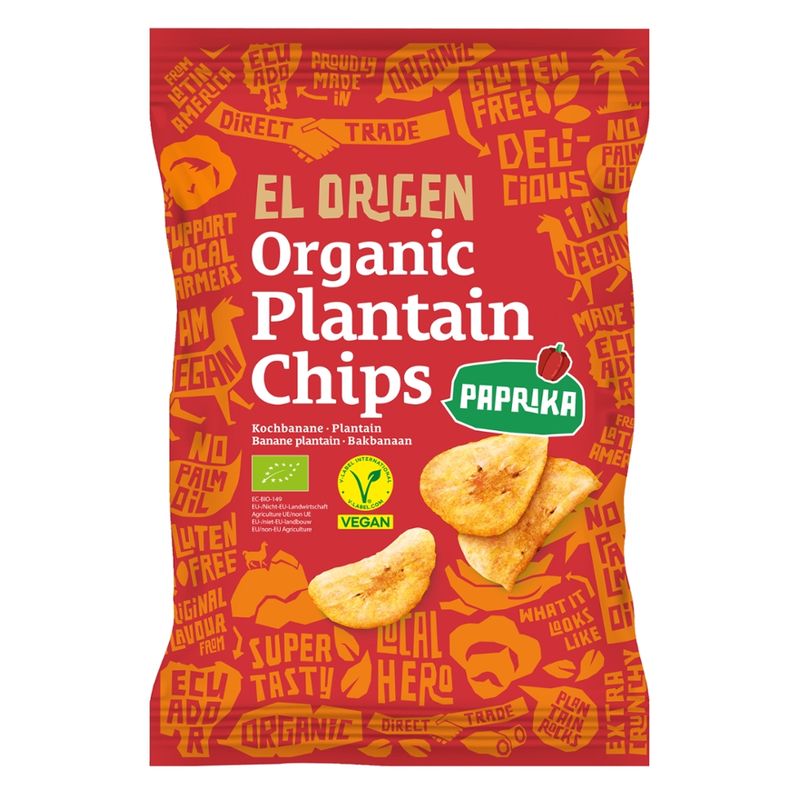 el origen Bio Kochbananen Chips mit Paprika, 80 g – aus direct trade, bio-zertifiziert, vegan, ohne Palmöl, glutenfrei, ohne Zusätze - Produktbild