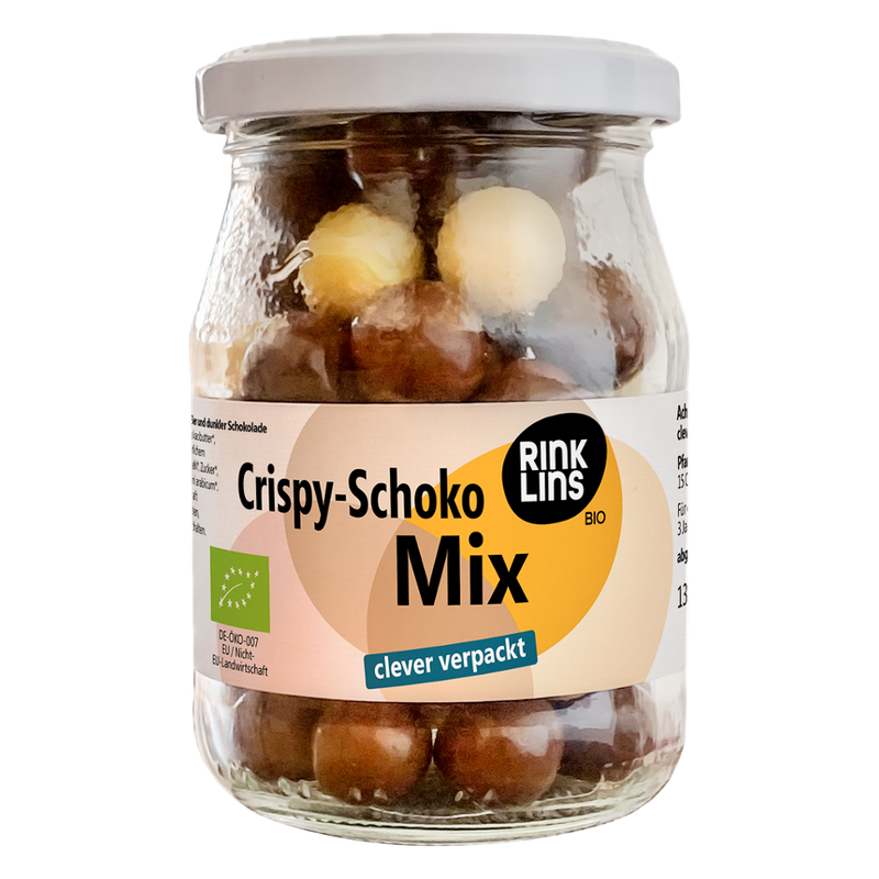 RINKLINS BIO Crispy-Schoko Mix clever verpackt im Pfandglas - Produktbild