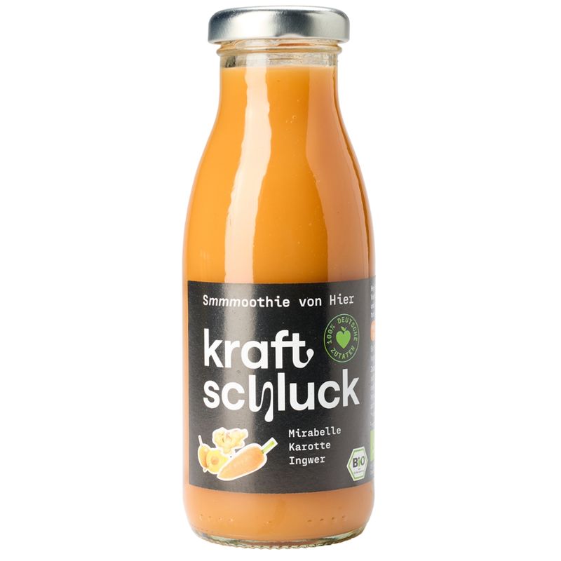 kraftschluck kraftschluck gelber Smoothie, MIRABELLE, KAROTTE, INGWER, bio, 0,25 l Flasche - Produktbild