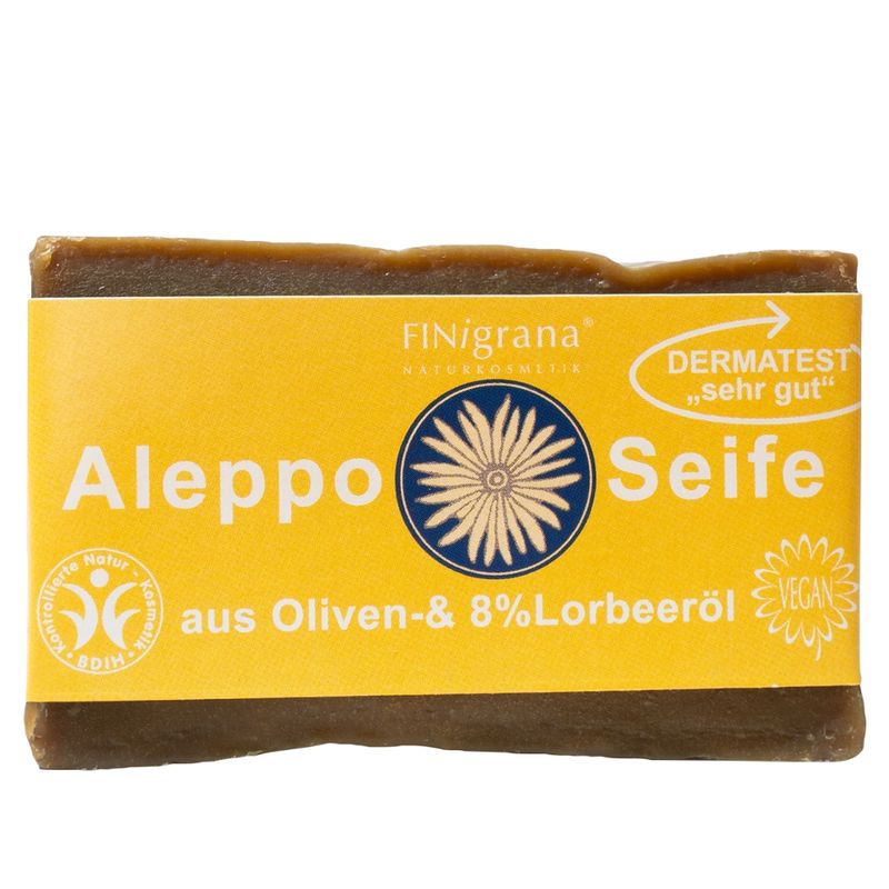FINigrana® Naturkosmetik FINIgrana Aleppo Olivenseife mit 8% Lorbeeröl, 200g traditionell handgeschnittener Naturblock, milde Pflanzenseife für alle Hauttypen zur täglichen Reinigung und Pflege empfehlenswert - Produktbild