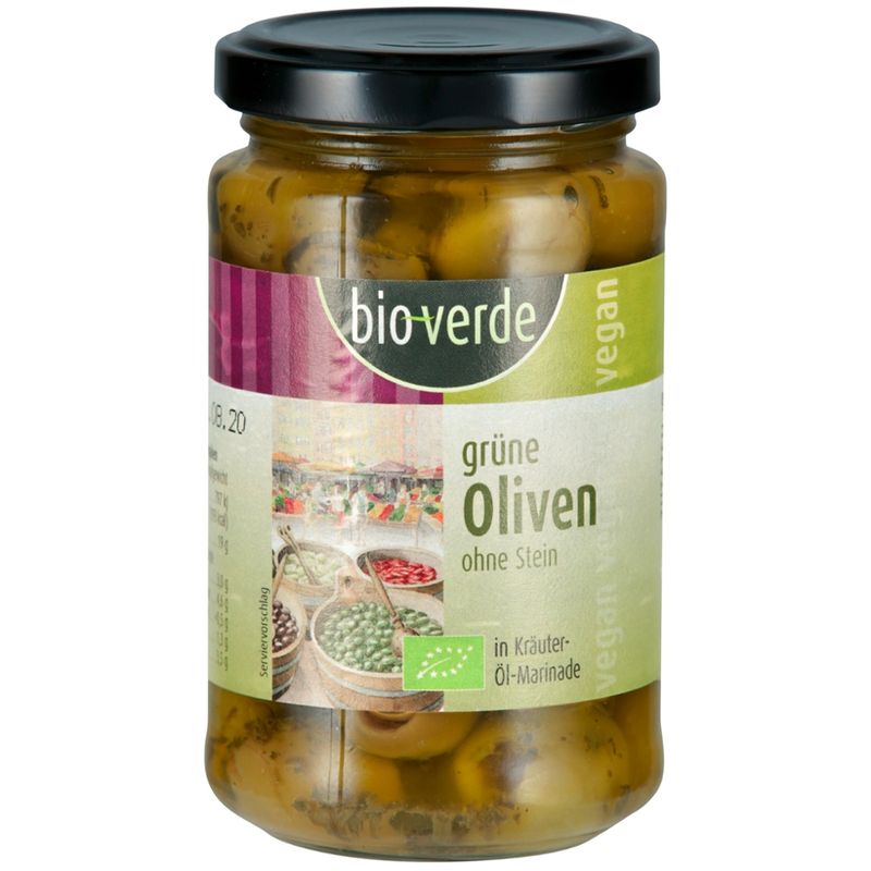 bio-verde Grüne Oliven ohne Stein mit frischen Kräutern in Öl-Marinade 200 g - Produktbild