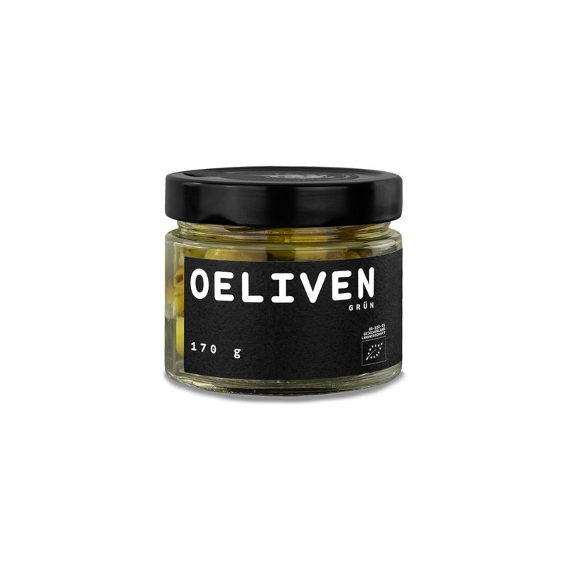 OEL  OELIVEN - biozertifizierte Chalkidiki-Oliven ( 100% ). Veredelt mit nativem sortenreinem selbsterzeugtem biozertifiziertem Koroneiki-Olivenöl extra, Meersalz, Knoblauch, Essig und Oregano. - Produktbild