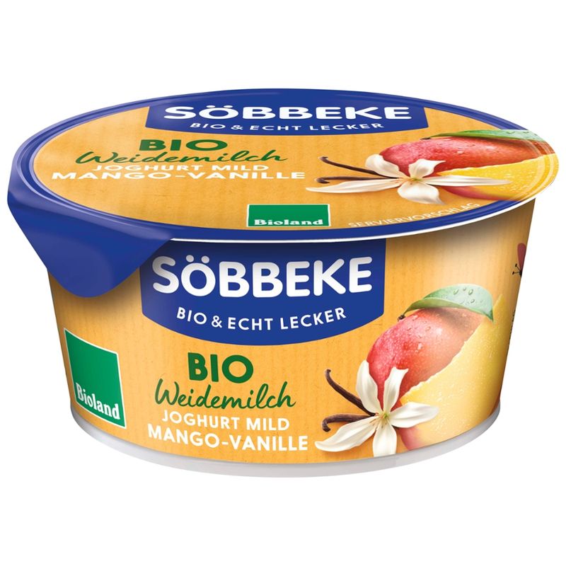 Söbbeke Bio Weidemilch Joghurt mild Mango Vanille 3,8% Fett 150 g - Produktbild