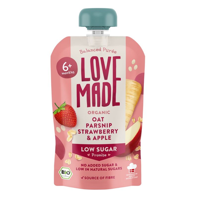 LoveMade Organics Bio Zwischenmahlzeit mit Haferbrei, Pastinake, Erdbeere und Apfel 6+ Monaten - Produktbild