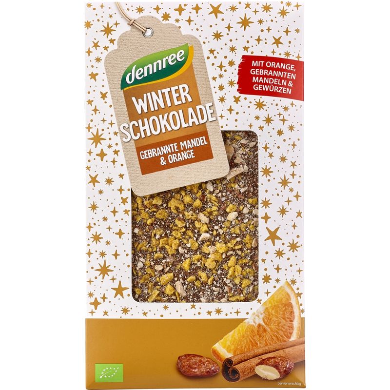 dennree Winterschokolade mit gebrannten Mandelstückchen, Orangenzubereitung und Lebkuchengewürz - Produktbild