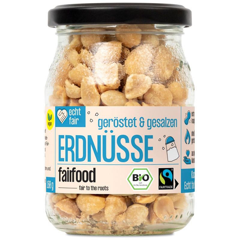 fairfood Freiburg Faire Erdnüsse geröstet & gesalzen (160g, Pfandglas klein, Bio & Fairtrade) - Produktbild