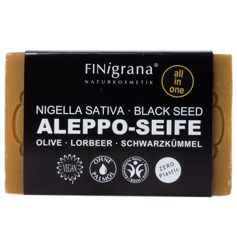 FINigrana® Naturkosmetik FINigrana Aleppo Seife ALL IN ONE • Nigella Sativa • Black Seed • OLIVE • LORBEER • SCHWARZKÜMMEL 100g mit Banderole - Produktbild