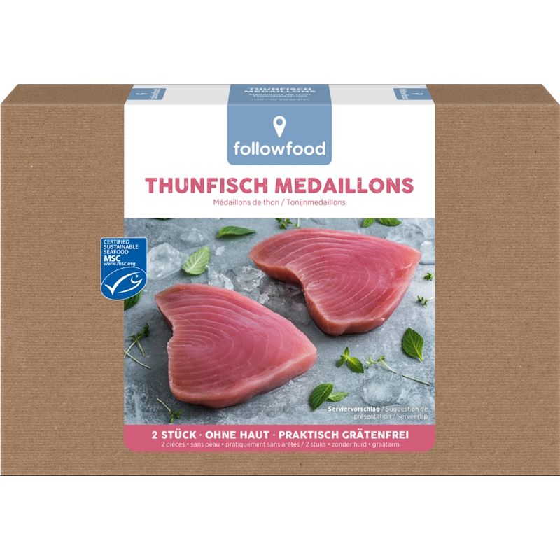 followfood 2 Thunfisch Medaillons, praktisch grätenfrei, tiefgekühlt mit Wasserschutzglasur. - Produktbild