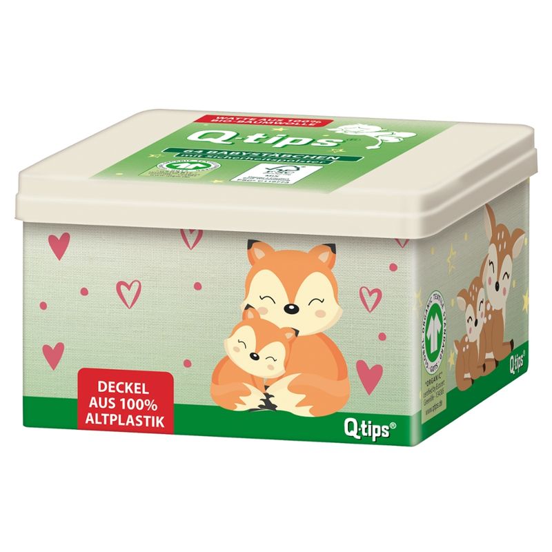 Q-tips® Q-tips® Bio Baby-Pflegestäbchen, Würfelbox, 64 Stück - Produktbild