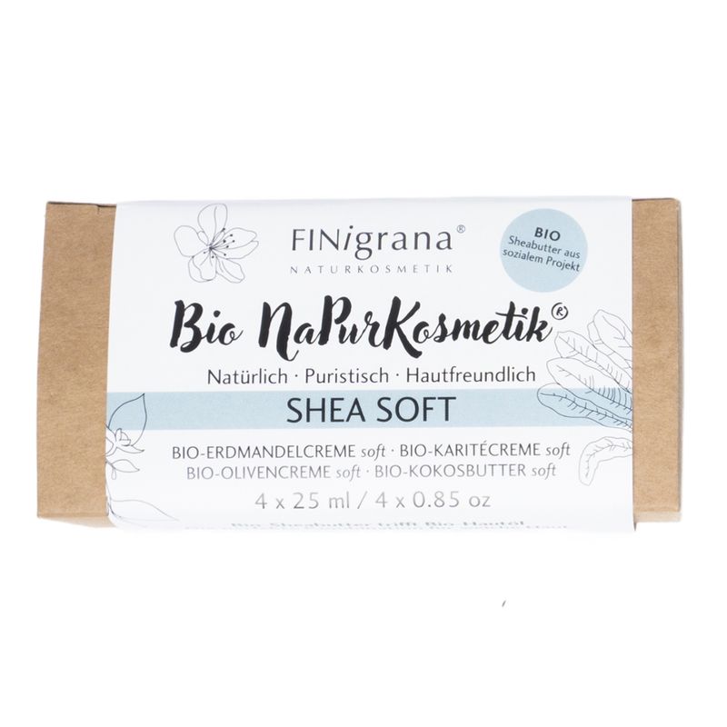 FINigrana® Naturkosmetik FINigrana BIO NaPurKosmetik® Pflegeset "SHEA SOFT" 4 x 25ml Bio-Sheabutter trifft Bio-Hautöl, zur Basis Hautpflege von Gesicht, Körper, Haut & Haar - Produktbild