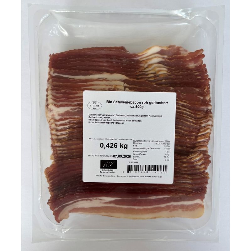 Altdorfer Biofleisch Bio Schweinebacon geschnitten ca. 500g roh geräuchert - Produktbild