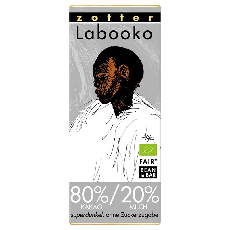 Zotter Schokolade Labooko - 80%/20% Kakao-Milch-Tafel superdunkel ohne Zuckerzugabe (2x32,5g) - Produktbild