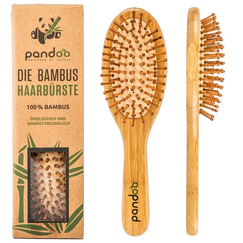 pandoo Ob dünn, kurz, lockig, dick oder lang - unsere vegane Bambushaarbürste von pandoo ist für jedes Haar und für jede Haarlänge geeignet! Das Haar lässt sich ohne Probleme schonend und schnell entwirren ohne sie statisch aufzuladen. - Produktbild