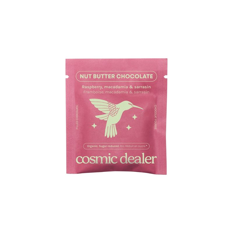 Cosmic Dealer Nut Butter Chocolate - dunkle Schokolade mit Macadamianussmus und gefriergetrockneten Himbeeren, nur mit Datteln gesüßt, vegan, 20 g - Produktbild