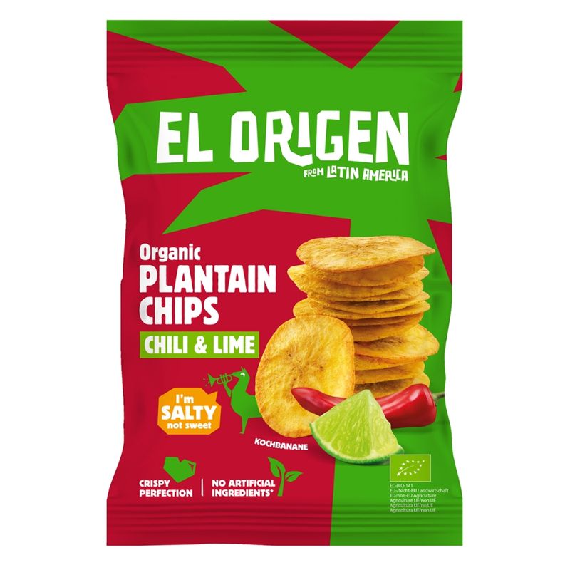 el origen el origen Organic Plantain Chips Chili Lime 80g – aus direct trade, bio-zertifiziert, vegan, ohne Palmöl, glutenfrei, ohne Zusätze. - Produktbild