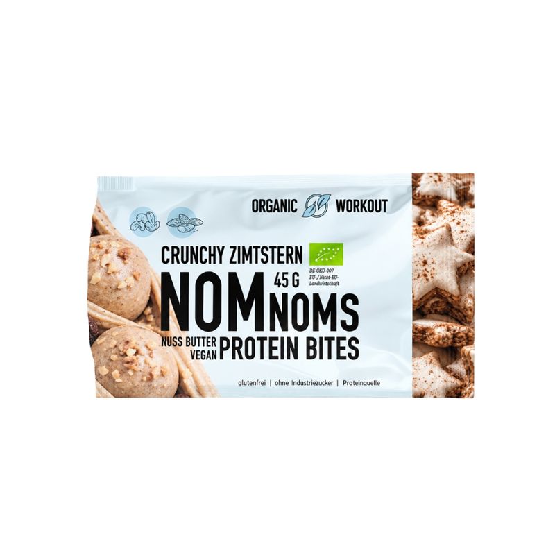 Organic Workout Zimtstern NomNoms Protein Bites – Bio Protein-Nuss-Snack auf Basis von Nussmus und Erbsenprotein, gesüßt mit Erythrit und Reissirup - Produktbild