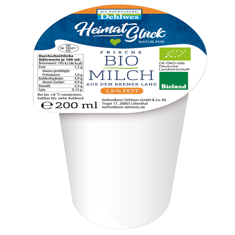 HeimatGlück BIO- Fettarme Milch 200 ml mit 1,5% Fett, pasteurisiert, homogenisiert - Produktbild
