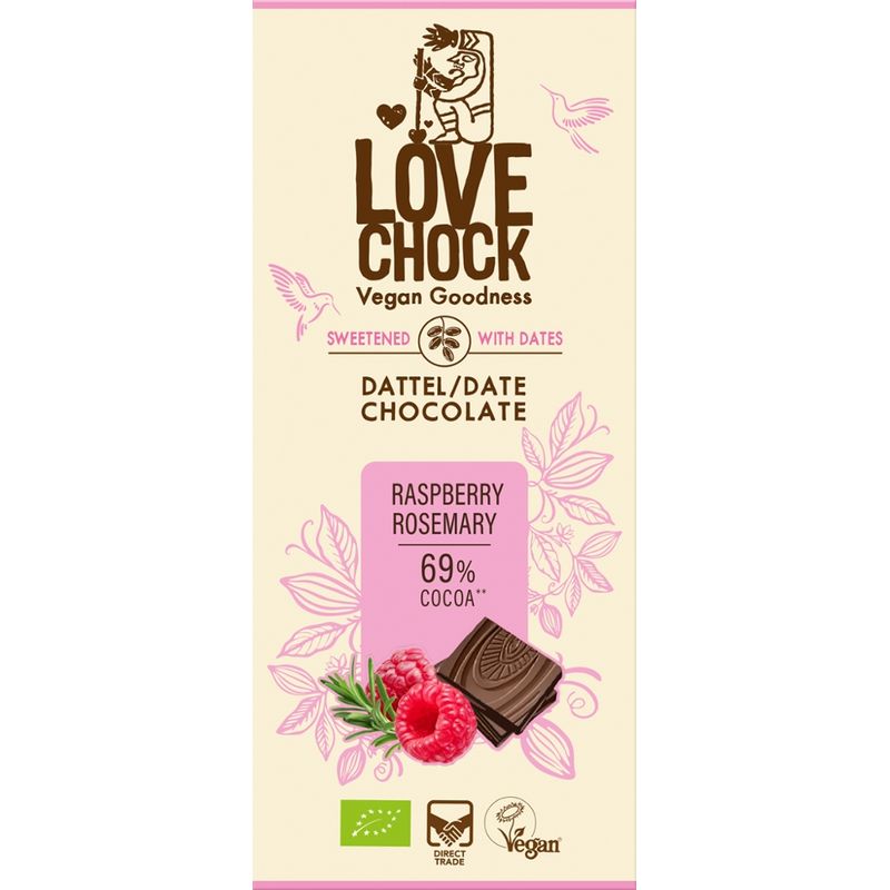Lovechock Lovechock tablet Raspberry Rosemary 69 % sweetened with dates - Produktbild