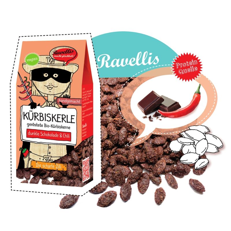 Ravellis "DIE SCHARFE ZILLI" Geröstete Bio-Kürbiskerne veredelt mit dunkler Schokolade & Chili - Produktbild