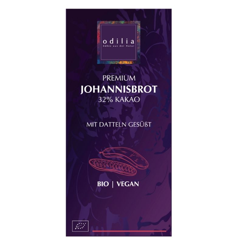 odilia Purer Genuss ohne zugesetzten Zucker – unsere Johannisbrot-Schokolade, süß ausschließlich mit Datteln. Biologisch, vegan und nachhaltig hergestellt - Produktbild