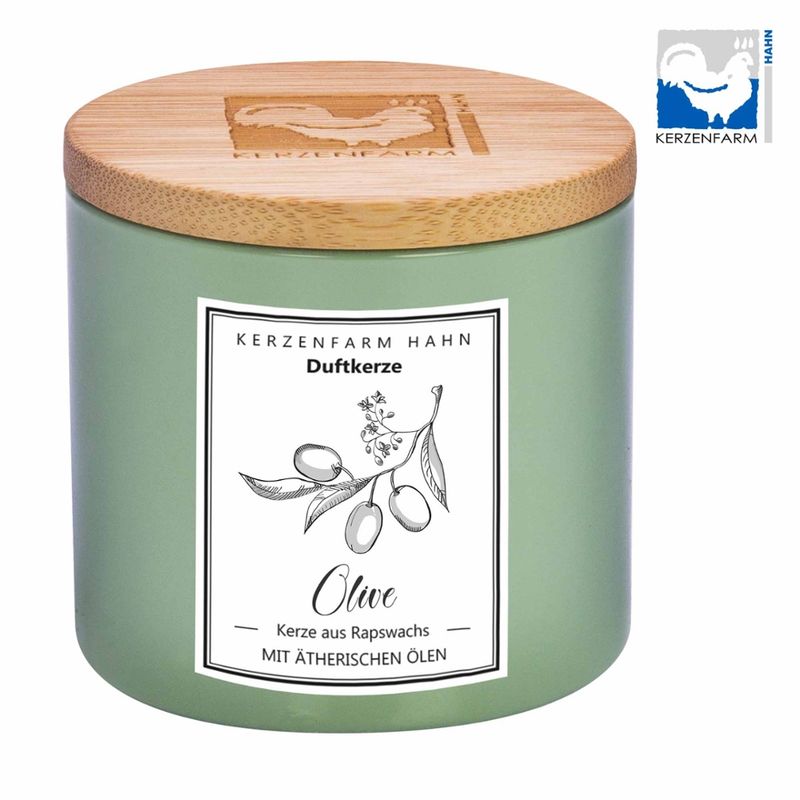 Kerzenfarm Hahn Von Hand gegossene Duftkerze im Glas, salbeifarben, befüllt mit  Rapswachs, mit natürlichen ätherischen Ölen beduftet.  Natürlicher Duft Olive - Produktbild