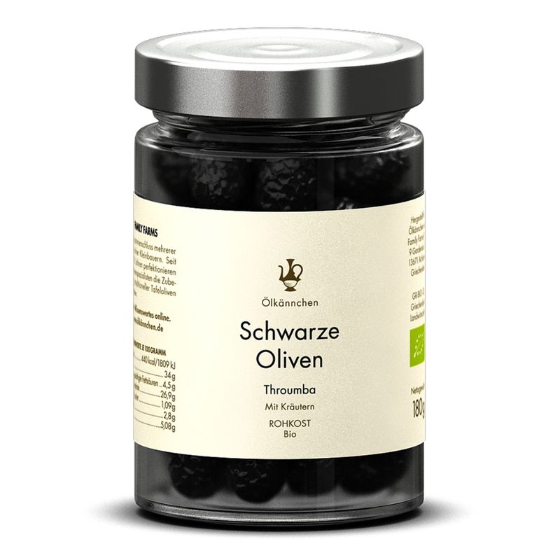 Ölkännchen Ölkännchen Schwarze Oliven Throumba mit Kräutern (mit Stein), GR im 180g-Glas (Vakuum, ohne Lake, leicht geölt) - Produktbild