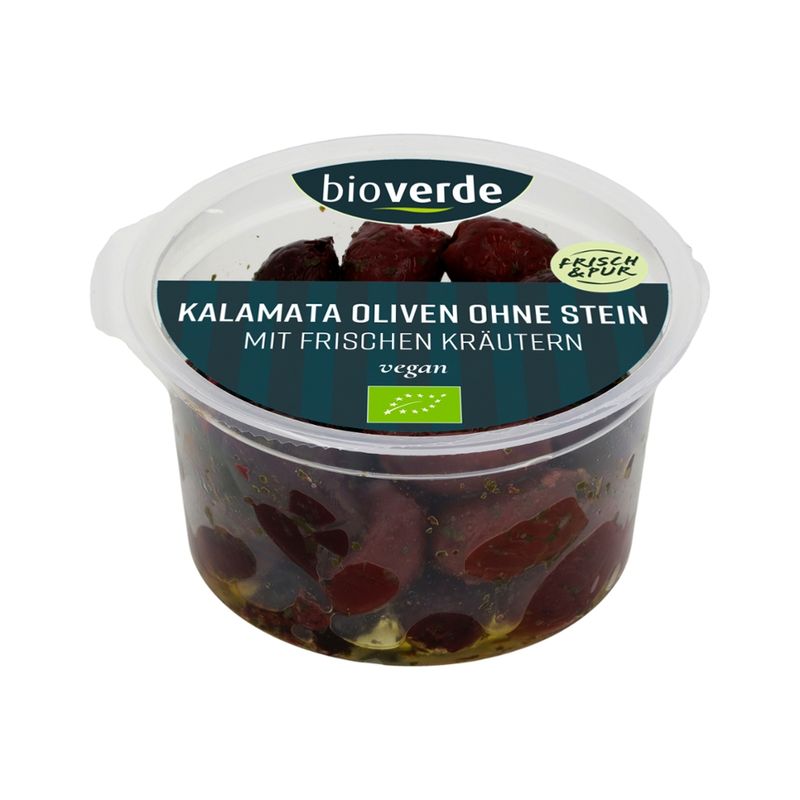 bio-verde Schwarze Kalamata-Oliven ohne Stein mariniert mit frischen Kräutern 125 g - Produktbild