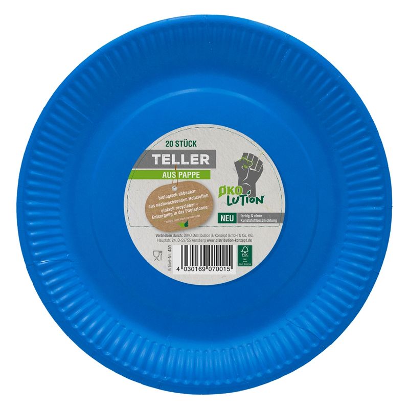 Ökolution Ökolution Pappteller rund blau 23cm 20er Pack FSC zertifiziert Folie Green PE - Produktbild