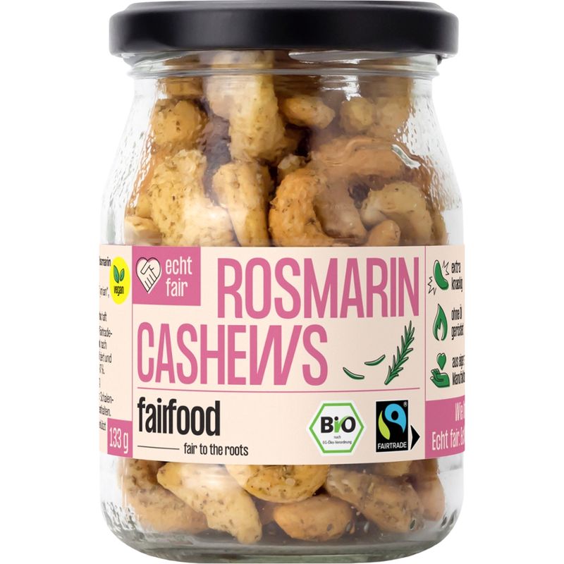 fairfood Freiburg Faire Cashews mit Rosmarin geröstet (133g, Pfandglas klein, Bio & Fairtrade) - Produktbild