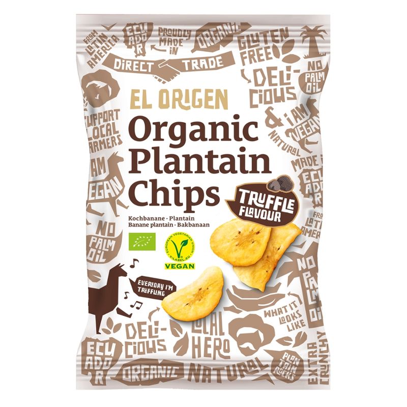 el origen el origen Bio Kochbananen Chips mit Trüffel-Geschmack, 80 g – aus direct trade, bio-zertifiziert, vegan, ohne Palmöl, glutenfrei, ohne Zusätze. - Produktbild