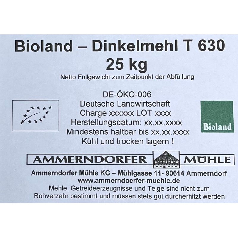 Ammerndorfer Mühle Bioland Dinkelmehl T 630 25 kg - Produktbild