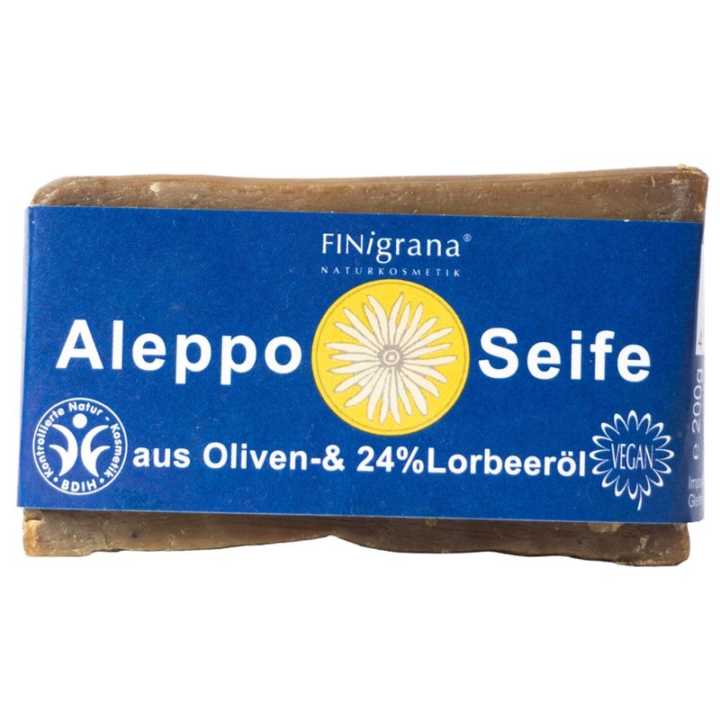 FINigrana® Naturkosmetik FINigrana Aleppo Olivenseife mit 24% Lorbeeröl,  200g traditionell handgeschnittener Naturblock, reine Pflanzenseife für alle Hauttypen - Produktbild
