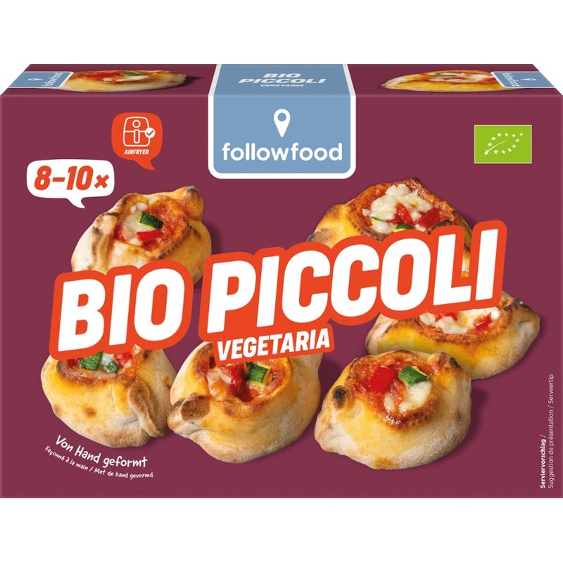 followfood Bio Piccoli pizza snack, filled with tomato purée, grilled vegetables and mozzarella, pre-baked, frozen - Produktbild