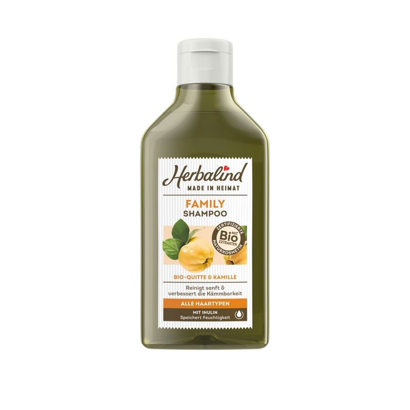 Herbalind Shampoo Family Bio Quitte & Kamille reinigt besonders sanft und bewahrt die natürliche Feuchtigkeitsbalance von Haar und Kopfhaut. Das Haar wird spürbar geschmeidig und lässt sich kinderleicht kämmen. - Produktbild