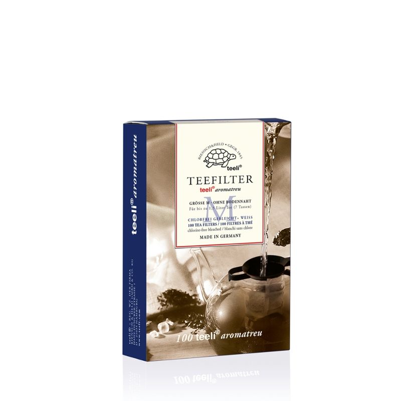 teeli teeli Teefilter M, 100 Papierteefilter, weiß, chlorfrei gebleicht, biologisch abbaubar, "Made in Germany", ohne Klebstoffe, aus Manilahanf und Cellulose, mit doppelter Bodenfalte und praktischer Einfüll-Lasche - Produktbild