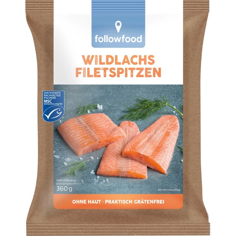 followfood MSC Wildlachs Filetspitzen, ohne Haut, praktisch grätenfrei, portioniert, tiefgekühlt mit Wasserschutzglasur. - Produktbild