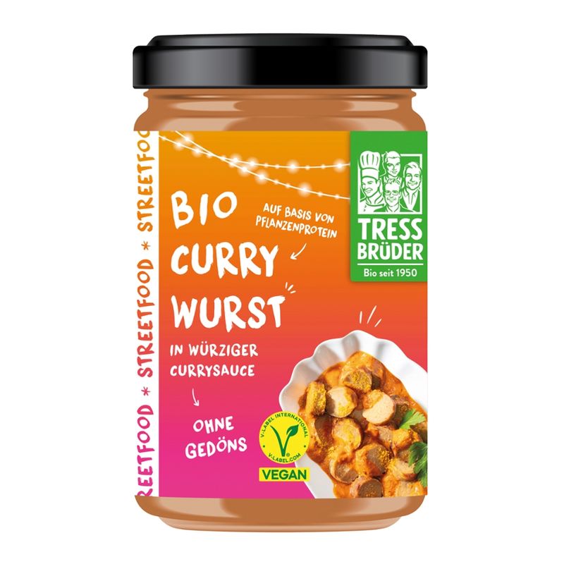 Tress Brüder vegane Bio Currywurst auf Basis von Pflanzenprotein in Currysauce - Produktbild