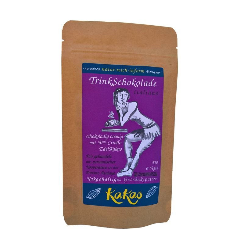 natur-reich-inform Das schokoladig cremige Kakao Getränkepulver - TrinkSchokolade italiano mit 50% schwach entöltem Criollo-Edelkakao aus Atalaya in Peru. Geeignet zum Einrühren in Milch oder vegan in Pflanzendrinks. - Produktbild