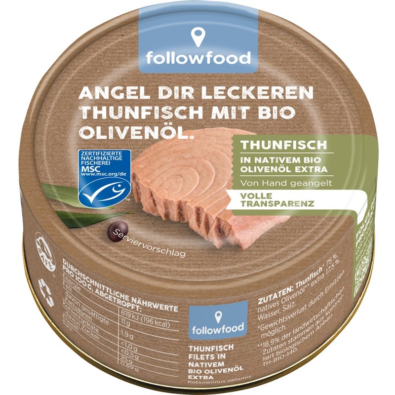 followfood Thunfisch Filets (Katsuwonus pelamis) in nativem Bio Olivenöl extra, aus Angelruten-Fischerei - Lithodose - Produktbild