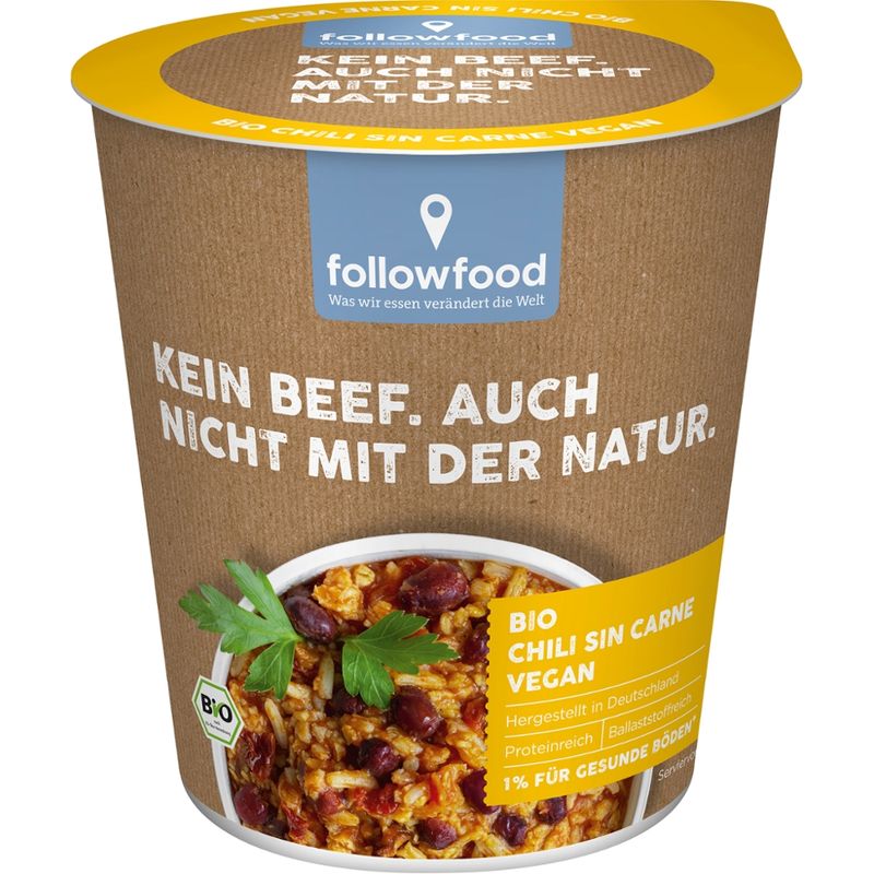 followfood Bio Chili sin Carne vegan, auf Basis von Sojaprotein, mit Haferflocken und Reis. - Produktbild