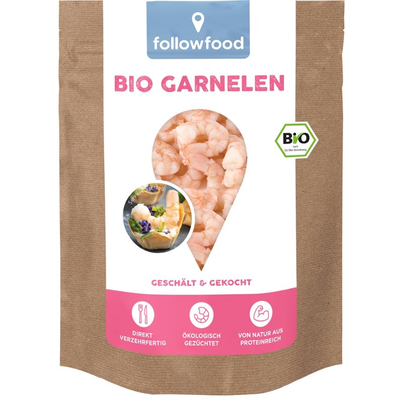 followfood Bio Garnelen gekocht, ohne Kopf, geschält, entdarmt, gekühlt. - Produktbild