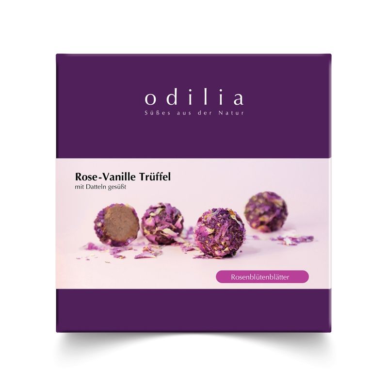 odilia Handgemachte Bio Rose-Vanille Trüffel 9er Geschenkbox (135 g), natürlich mit Datteln gesüßt - Produktbild