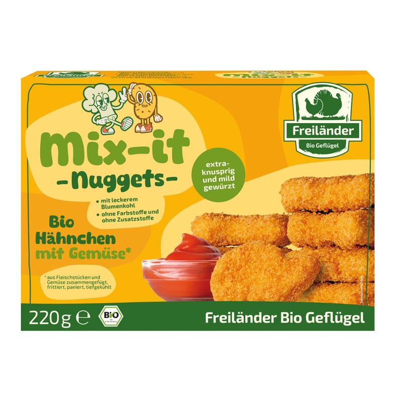 Freiländer Bio Geflügel Mix-it Nuggets Bio Hähnchen mit Gemüse 220 g - Produktbild