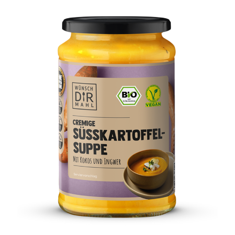 Wünsch Dir Mahl Pfandglas - cremige Süsskartoffelsuppe mit Ingwer & Kokos 380ml Bio & vegan - Produktbild