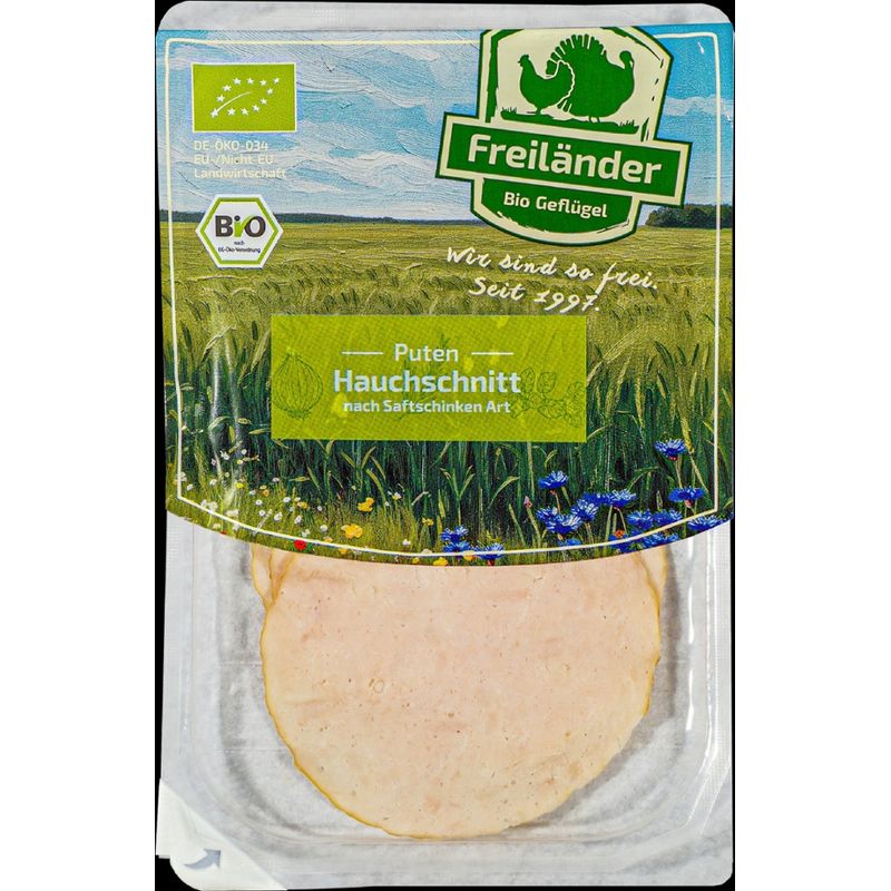 Freiländer Bio Geflügel Puten-Aufschnitt nach Saftschinken Art, hauchfein, Bio, frisch, 70g, 3er Gebinde, MAP - Produktbild
