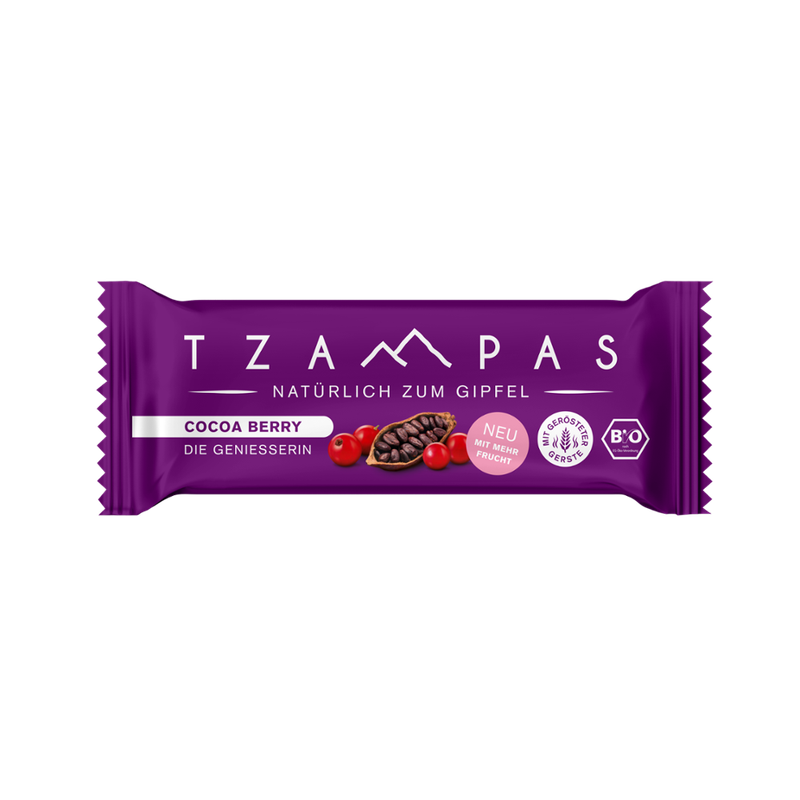 TZAMPAS TZAMPAS Energieriegel Cocoa Berry - Die Genießerin. Natürlich zum Gipfel. Mit gerösteter Gerste, Kakao und Johannisbeere. - Produktbild
